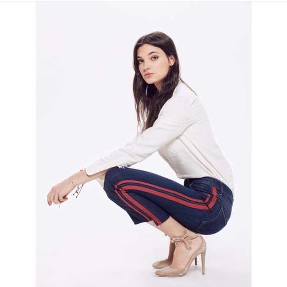 Mother Insider Crop Step Fray Speed Racer Red Side Stripe Jeans - Picture 2 of 16